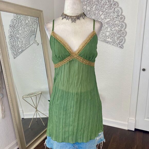Meghan Noland Early 2000s Shimmery Green Gold Thread Sheer Fairy Camisole Top M - Picture 4 of 7